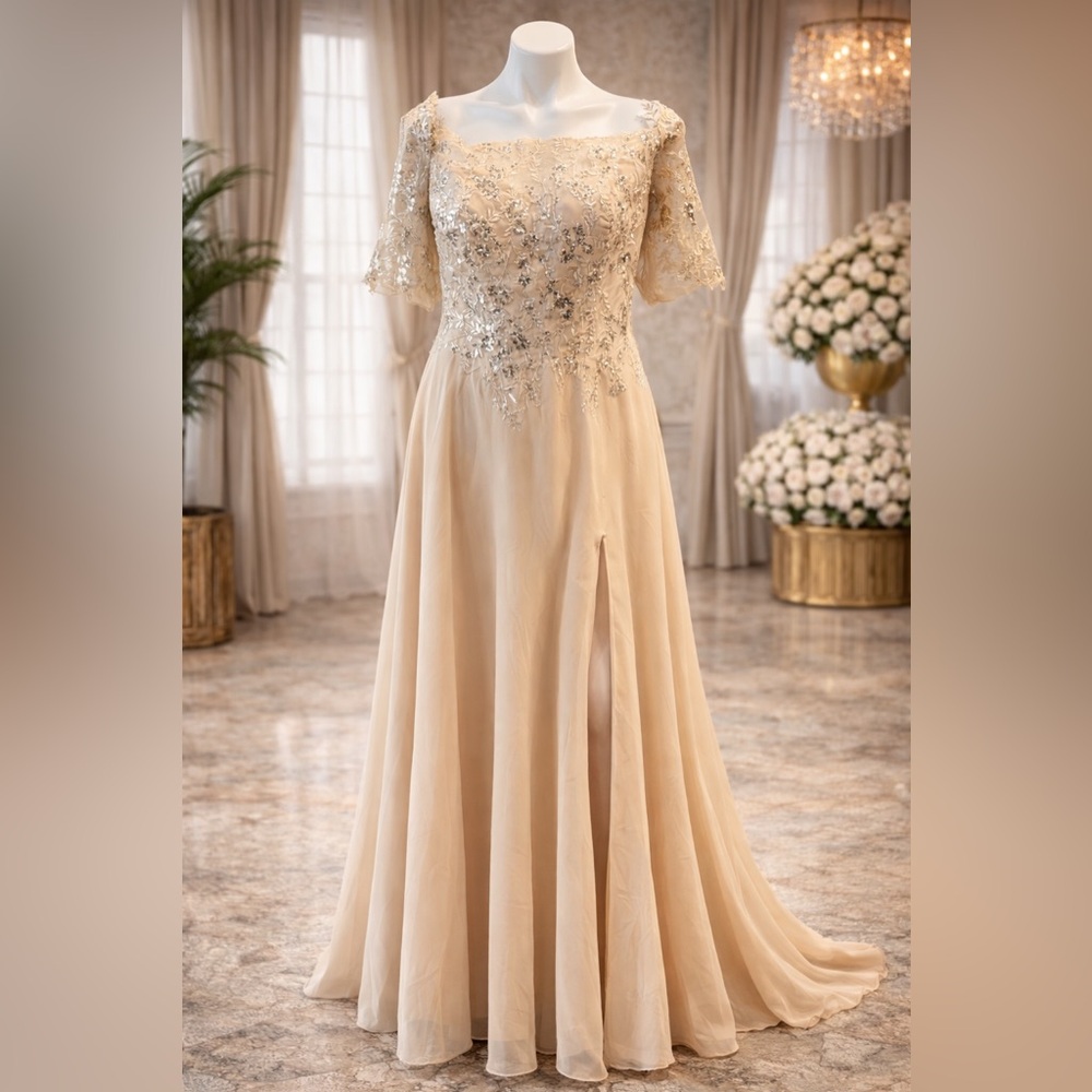 Gold Champagne Chiffon Formal Dress Size 18 Mother Bride Gala Elegant NWOT